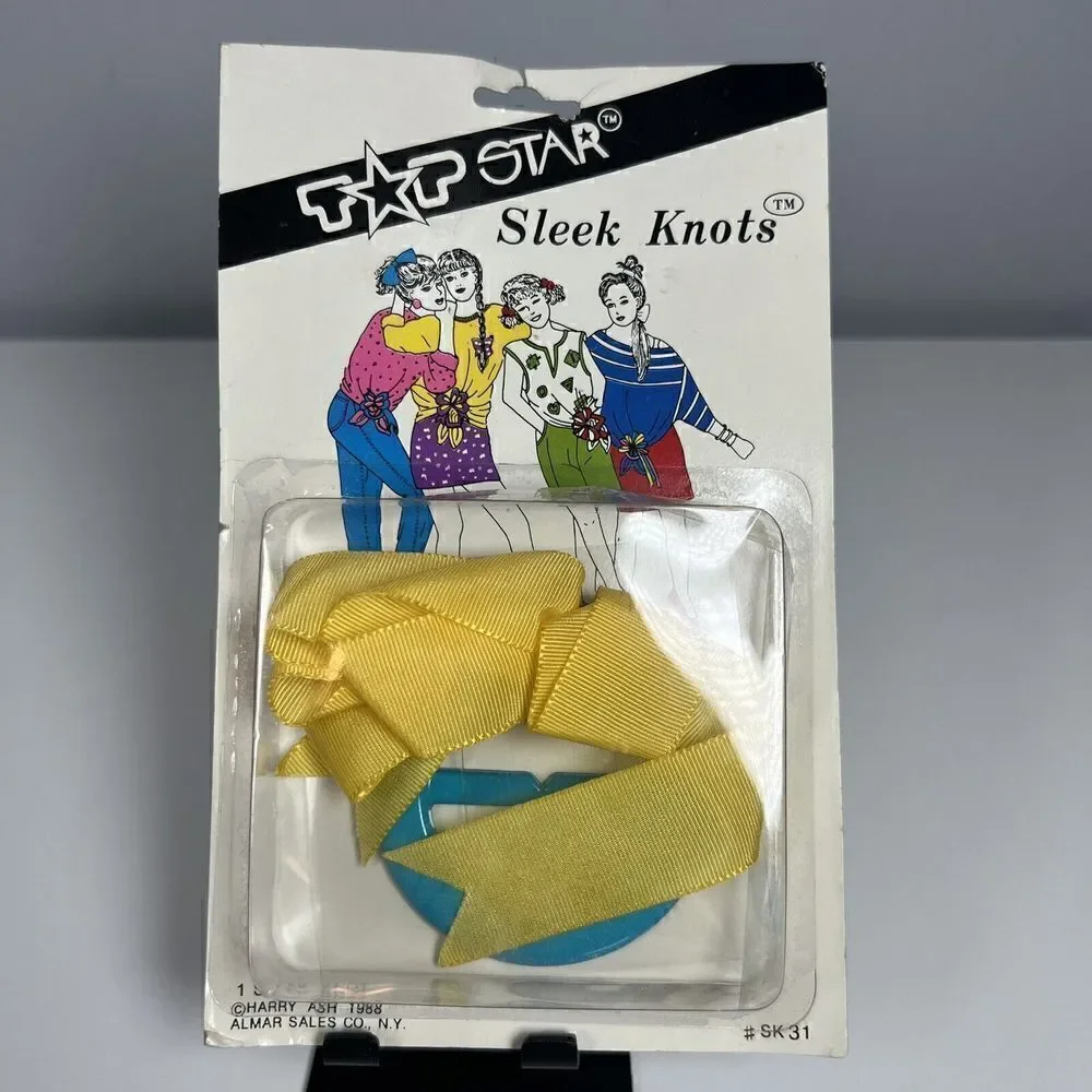 Vintage Top Star Yellow Sleek Knots Hair Bow 1988 Retro 80's NOS